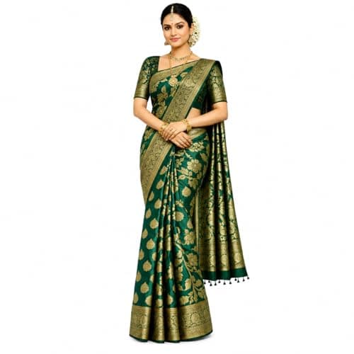 RS CREATION Women's Kanjivaram Soft Silk Saree With Unstitched Blouse Piece 5.5 Metres (Forest green)