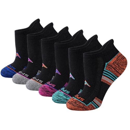 SukModen Women's Performance Athletic Socks 6/12 Pairs, Cotton Ankle Socks with Heel Tab & Cushioned Sole for Running, Gym, Fitness, Multi-Color on Black, 6 Pairs, S