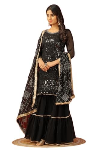 FASHION FRONTIER Beautiful Chinnon Punjabi Style Sharara Suit For Women Ready To Wear Salwar Kameez With Dupatta (US, Alpha, Small, Regular, Regular, Black)