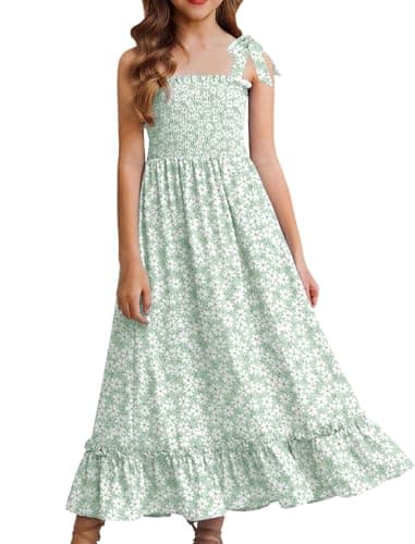 Arshiner Girls Summer Dresses Hawaiian Beach Boho Casual Smocked Maxi Dress Green Floral Size 6