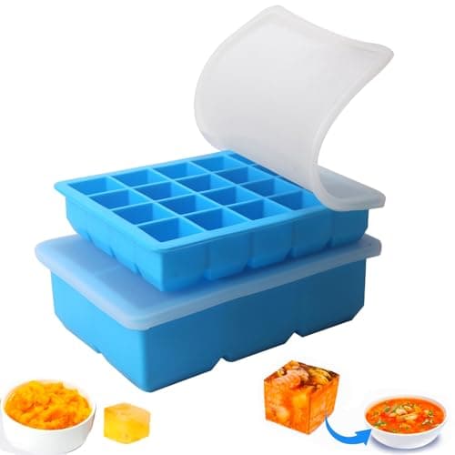 1/2-Cup & 1 Tbsp Silicone Freezer Molds - Perfect for Storing Garlic, Herbs, Ginger, Pesto, Tomato Paste, Freezing Soup,Stews,Sauces,Purees and More - Silicone Food Freezer Tray (Blue 2 Pack)