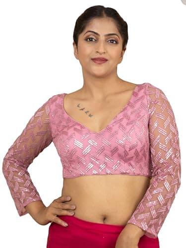 FIGURE'S DESIGNER Women's Sequin Embroidered V Neck Fancy Full Sleeves Designer Net Padded Readymade Saree Blouse Premium Lining Plus Size Top Lavender Wine Maroon Black Pink E10 (34, Pink)