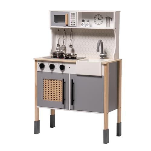 ROBOTIME Wooden Play Kitchen, ...Toy Kitchen for Ages 3+ (Gray)