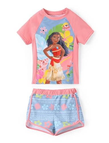 Disney Princess Moana Bathing Suit Girls Two Piece UPF 50+ Protection Quick-Dry Short Sleeve Swim Sets Rashguard Swimsuit Coral,3-4T