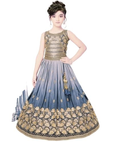 OQQTOO Traditional Lehenga Choli for Girls, Siqwons Embroidered Floral Design, Wedding Dress with Dupatta. (purpal, 5-6 yers)