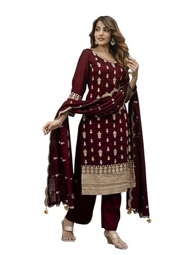 TRENDMALLS Women's Art Silk Embroidery Sequence work Kurta Pant Set with Dupatta for Women (G338-Maroon-L)