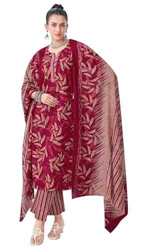 ladyline Womens 100% Cotton Printed Salwar Kameez Suit Set – Casual Daily Wear 3 Pcs Kurta, Pants & Lawn Cotton Dupatta | Indian Dress (CPSK SPK830) (38/ Maroon)