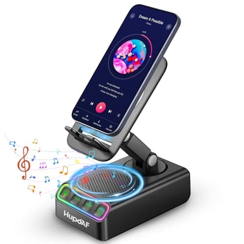 Adjustable Cell Phone Stand with Wireless Induction Bluetooth Speaker, HD Surround Sound & RGB Rhythm Lights, Foldable Portable Stand for Desk, Kitchen Counter, Home Office, Gift for Men Women Dad Mom