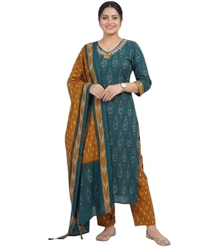 PATALIYA Cotton Straight Indian Kurti For Women Summer Dress Kurta Pant With Dupatta Set (US, Alpha, Medium, Regular, Regular, Green)