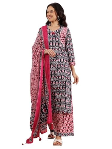 LATIVE COLOURS OF FASHION Women's Printed Cotton Kurta Set with Dupatta, Black and Pink (Black and Pink, 4XL)