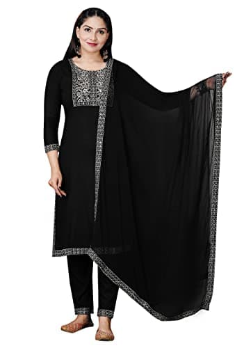 Indian Women's Tunic Tops Straight Rayon Black Kurtis Pant Sets W Chiffon Dupatta/A-Line Kurti Tunics