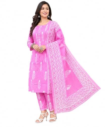MAERIN Women Printed Anarkali Kurta Pant with Dupatta | Ethnic Flared Long Kurti | Soft Cotton & Casual Wear for Women (US, Alpha, Medium, Regular, Regular, Light Pink)