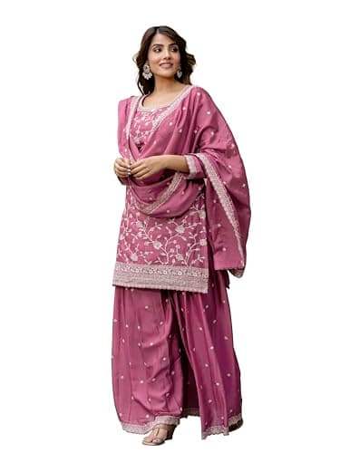 TRENDMALLS Women's Art Silk Embroidery Kurta Palazzo with Dupatta Set (G298-LightPink-L)