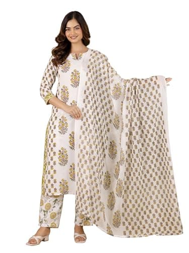 TRENDMALLS Women's Pure Cotton Floral Printed Kurta Pant with Dupatta Set (G408-White-XL)