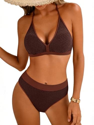 Aidonger Bikini Sets for Women Halter V Neck Two Piece Swimsuit Mid Rise Textured Bathing Suits Dark Brown