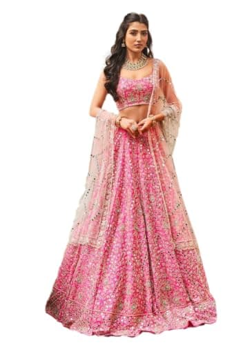 Indya Pink Embroidery Silk Blend Lehenga Choli for Wedding | Sleeveless | U Neck | Indian Ethnic Wear
