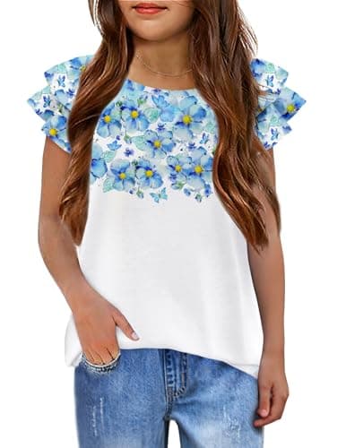 Arshiner Cute Girl Floral Clothes Ruffle Sleeve Short Dress Shirt Basic Tee Shirts for Girls 10-11 Years