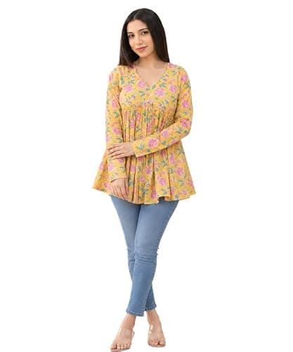ANUSHIL Women’s Floral Kurti Tunic Top – Casual Long Sleeve Boho Blouse, Flowy Babydoll Style, V-Neck Ethnic Indian Kurta for Jeans & Leggings