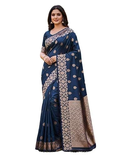 Banarasi Silk Saree with Rich Zari Weaving & Floral Border – Traditional Indian Wedding & Festive Wear with Blouse Piece (Blue)