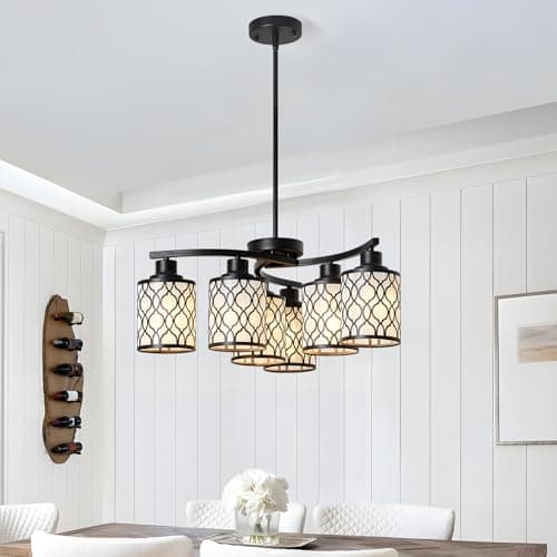 AIBISOD Black Chandelier, 6 Light Farmhouse Chandeliers for Dining Room Light Fixtures Over Table, Industrial Hanging Lighting with Metal Shade for Kitchen Island Living Room Bedroom Hallway Entryway