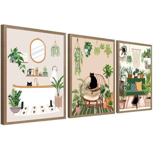 3 Pcs Black Cat Canvas Wall Art, Botanical Green Plant Poster Prints, Boho Pet Wall Decor for Bathroom Bedroom Living Room Laundry Room, 12x16 Inch Unframed