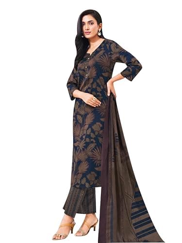 ladyline 100% Cotton Cool Printed Salwar Kameez with Pants Style Bottom and Lawn Dupatta | Ethnic Indian Pakistani Outfit (CPSK ST940) (38/ Navy Blue)