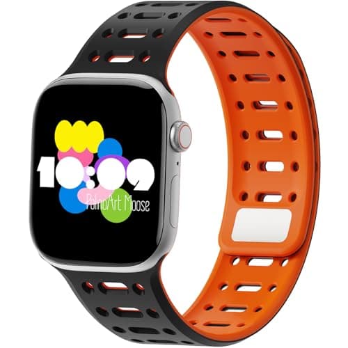 POLINOART MOOSE Magnetic Silicone Sport Band for Apple Watch Ultra 1/2/3, Series 4-11 & SE, Adjustable Secure Fit 38mm-49mm for Men and Women Black/Orange