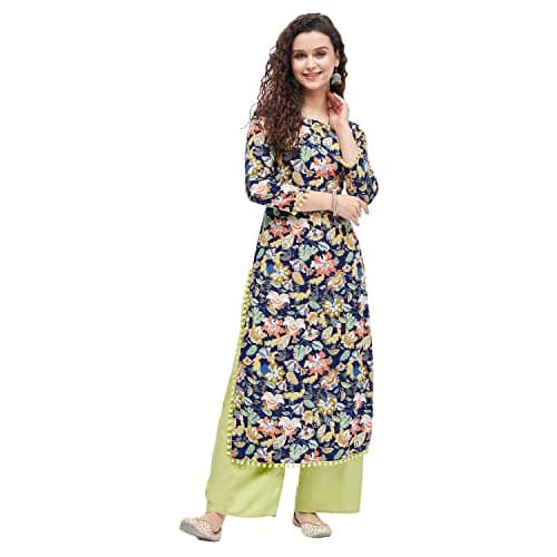 Tissu Women's Rayon Blue & Green Printed A-Line Kurta with Palazzo (Tis_635-Blue-XL)