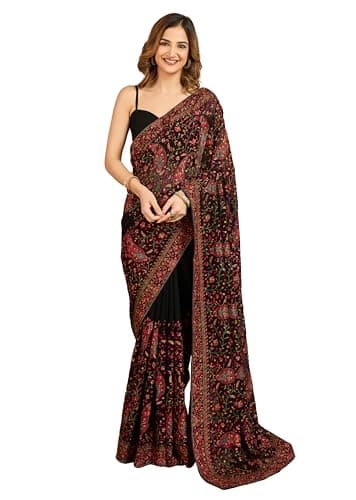 TRENDMALLS Women's Georgette Multi Colour Resham Thread Embroidery with Siroski work Saree with Unstitched Blouse Piece (K1233-Black)