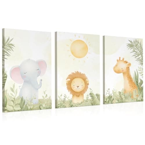 KEMINA BLANKETS Safari Nursery Wall Art Set of 3 – 12×16 Inch Neutral Animal Canvas Prints (Elephant, Lion, Giraffe), Printed from Original Hand-Illustrated Artwork, Ready-to-Hang Baby Room Decor