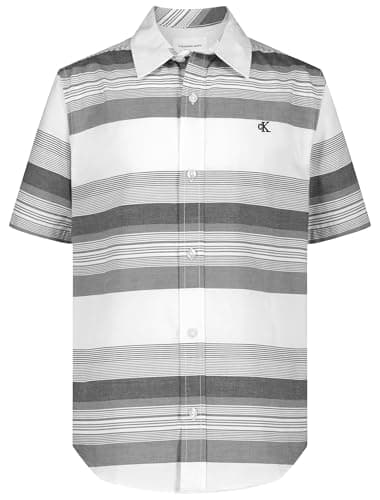 Calvin Klein Boys' Short Sleeve Woven Button-Down Shirt, Iron Gate Elemental Stripe, 14-16