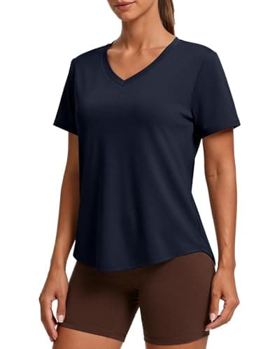 PINSPARK Athletic Tops for Women Short Sleeve V Neck Workout Shirts Moisture Wicking Quick Dry Running Gym T-Shirts Lightweight,Dark Navy Large
