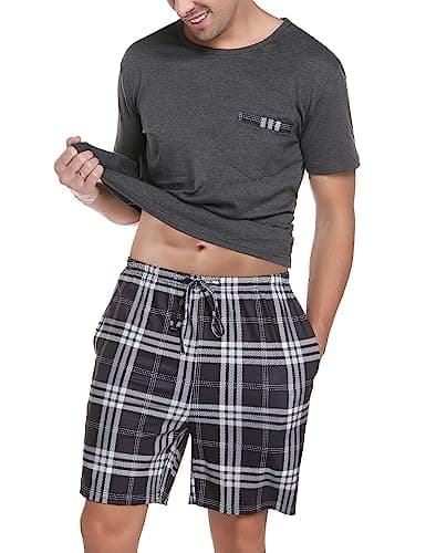 Sykooria Men's Plaid Summer Pjs - Soft Cotton Big & Tall Kurta Pajama Sets - Grey