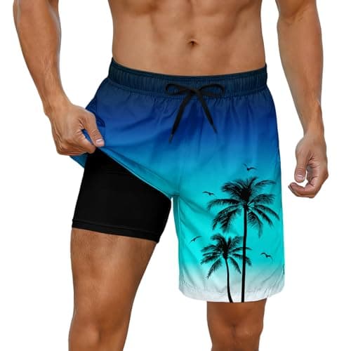 Cozople Mens Swim Truns with Compression Liner Palm Tree Blue Printed Bathing Suits Anti Chafe Beach Swimming Trunks XL