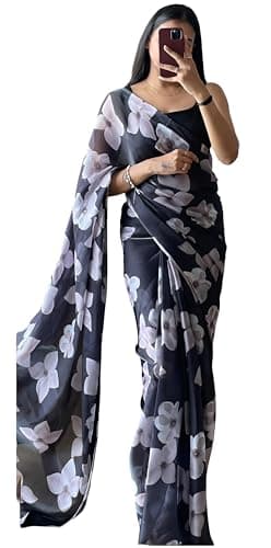 Sidhidata Women's Georgette Digital Printed Ready To Wear one Minute Saree With Unstitched Blouse Piece (RTW Jasmine_Free Size)