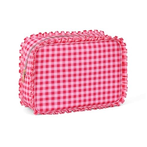 EMBRUNIOICE Gingham Ruffle Makeup Bag,Large Travel Cute Cosmetic Bag for Women Girls,Toiletry Bag Make up Organizer 10.8 x 4.5 x 8 inch (Red Gingham)