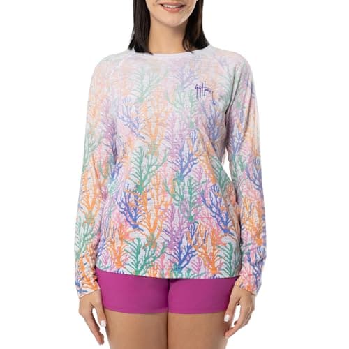 Guy Harvey Women's Long Sleeve Slub Raglan Tee, Bright White/Moden Coral,Medium