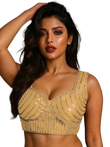 TRENDMALLS Women's Dhupion Silk Embroidery Sequence Work Blouse Choli Stylish Saree Blouse Ready to Wear (B13-Gold-Free-)
