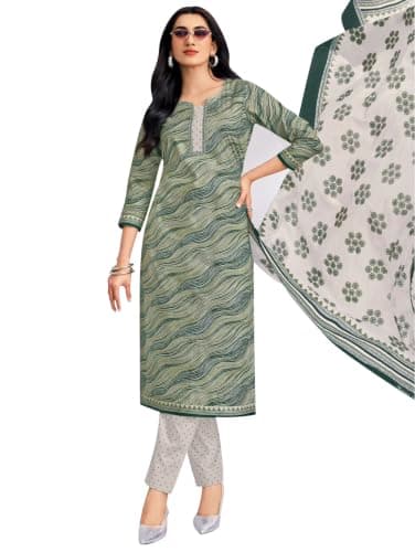 ladyline Womens 100% Cotton Jaipuri Printed Salwar Kameez Suit – Ethnic Kurta, Pants & Mal Dupatta Set | Indian Punjabi Dress (CPSK DTCG) (46/ Green)