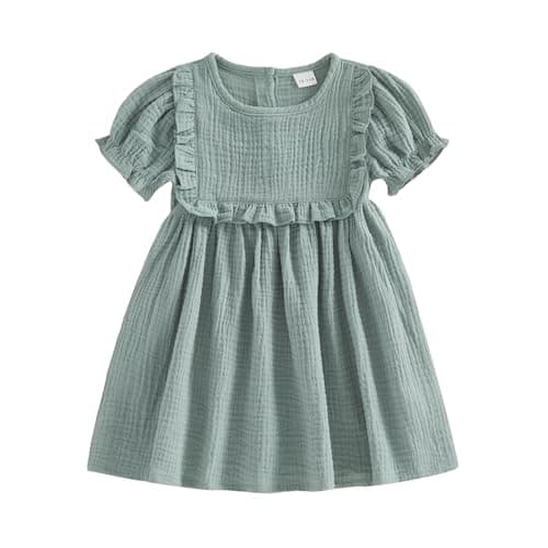 Sejardin Toddler Baby Girl Dress Cotton Linen Short Sleeve Crew Neck Ruffle A-Line Dress Infant Summer Clothes (Solid Green, 2-3 Years)
