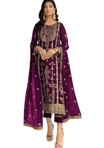 Indya Purple Embroidered Georgette Pakistani Suit Set – Embroidered for Festive | Long Sleeve | Salwar Kameez | Kurta Set