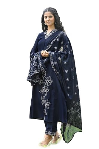 ladyline Plain V-Neck Embroidered Salwar Kameez - Hand Work | Lawn Cotton Printed Dupatta (CPESK RCF1750) (40/ Navy)