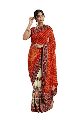 Nitimatta saree for Womens Ethnic Indian Wedding Gift Sari With Blouse Piece party wear (Orange & Off-White, Unstitched)