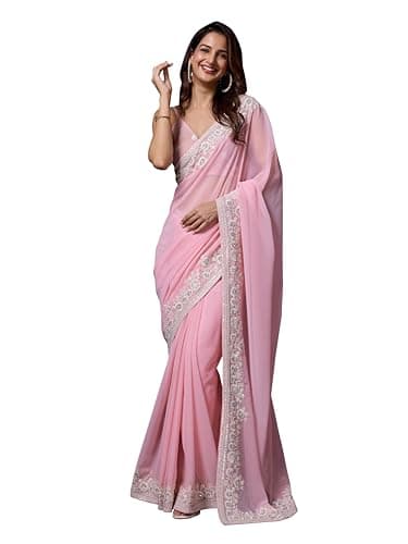 TRENDMALLS Women's Georgette Embroidery work Saree with Unstitch Blouse Piece (K1082-Pink)
