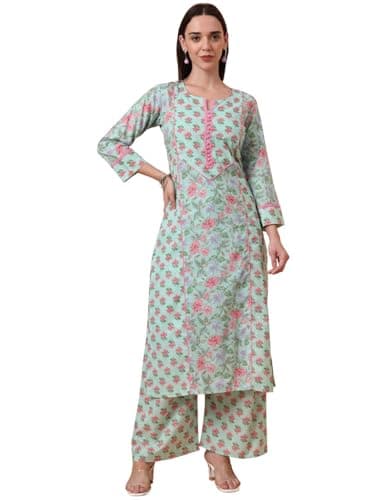Tissu Women's Pure Cotton Green Floral Printed Kurta with Palazzo (Tis-737_Green_XS)