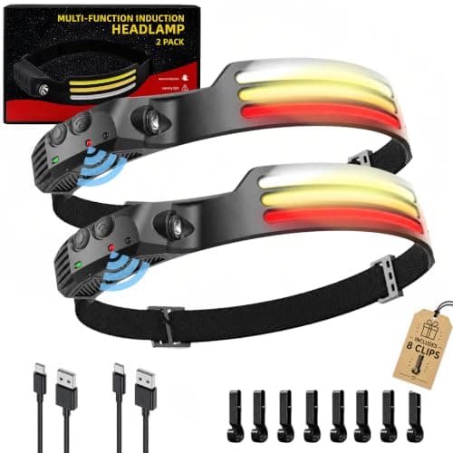 MYDYUP Headlamp Rechargeable LED, 230° Wide Angle Head Lamp with Motion Sensor, White, Yellow & Red Light Headlights for Forehead, Hard Hat Light, Waterproof Head Lamp for Camping