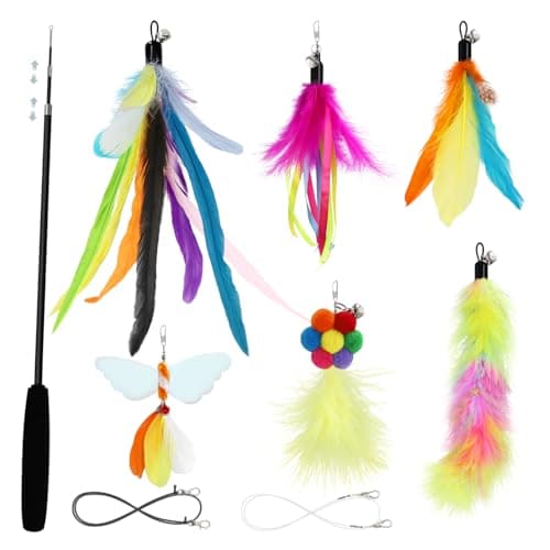 SONGWAY Cat Wand Toys for Indoor Cats - Cat Toy Set with Retractable Teaser Wand and 6 PCS Colorful Large Feather Toy Refills, Butterfly Tassel Plush Cute Cat Toys Interactive