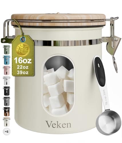 Veken Coffee Sugar Canister with Window, Airtight Stainless Steel Kitchen Food Storage Container with Lids, Date Tracker and Scoop for Grounds Coffee, Beans, Tea, Flour, Cereal Jars, 16OZ, Cream