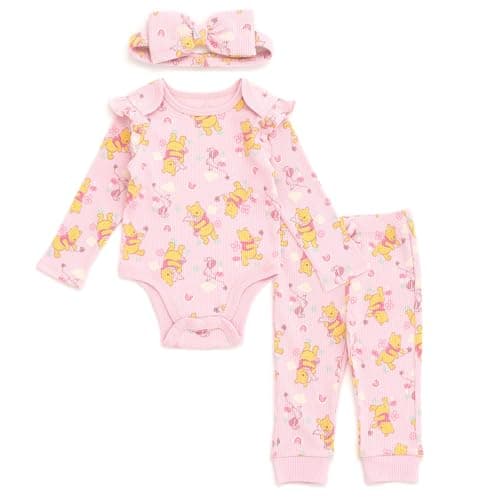 Disney Winnie the Pooh Infant Baby Girls Ribbed Bodysuit, Jogger Pants and Headband 3 Piece Outfit Set Soft Pink 24 Months