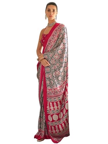 INDIA MADE Women's Multicolor Crepe Ajrak Printed Saree With Unstitched Blouse Piece (KAJRKH386001_RJ_Parent)-10769